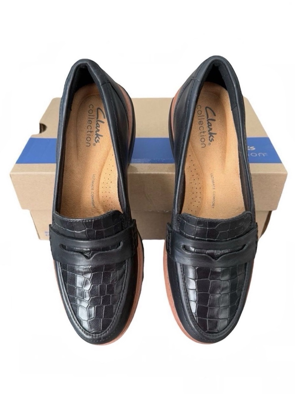Clarks Westlynn Ayla Croc Leather Penny Loafers Lug Sole Black 6 NIB
